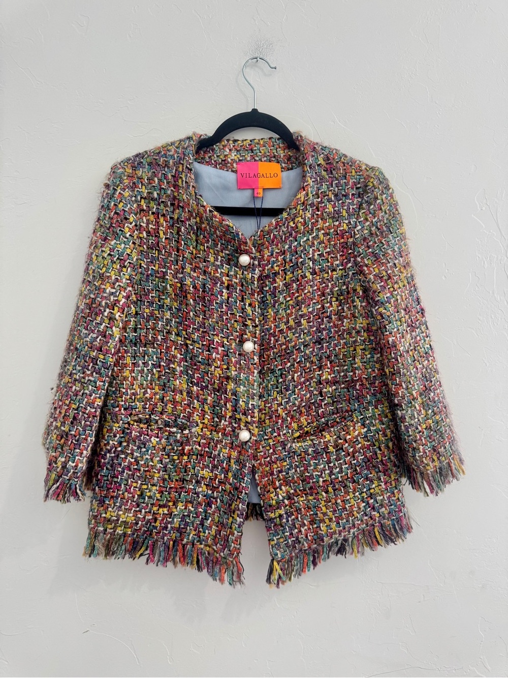 Vilagallo Spain Multicolor Tweed Fringe Jacket Size 40 US 8 Pearl Button Accent